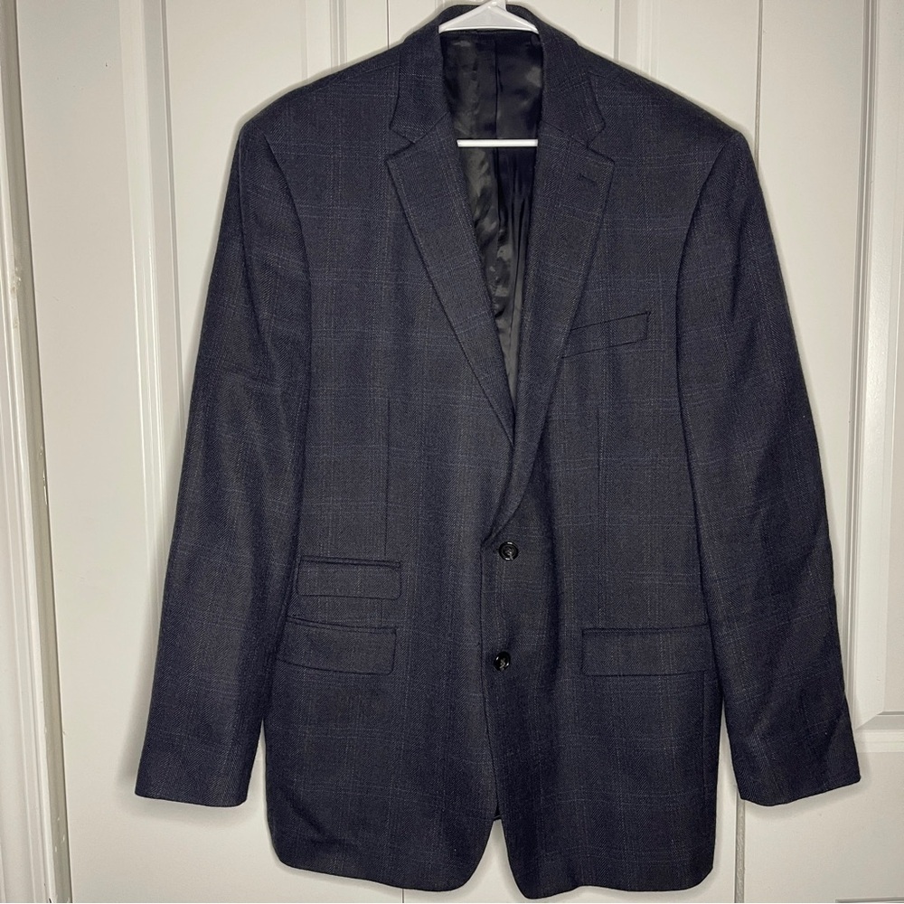 Lauren Ralph Lauren Grey 100% Wool Blazer Windowpane Size 44L Suede Elbow Patch - Picture 1 of 12